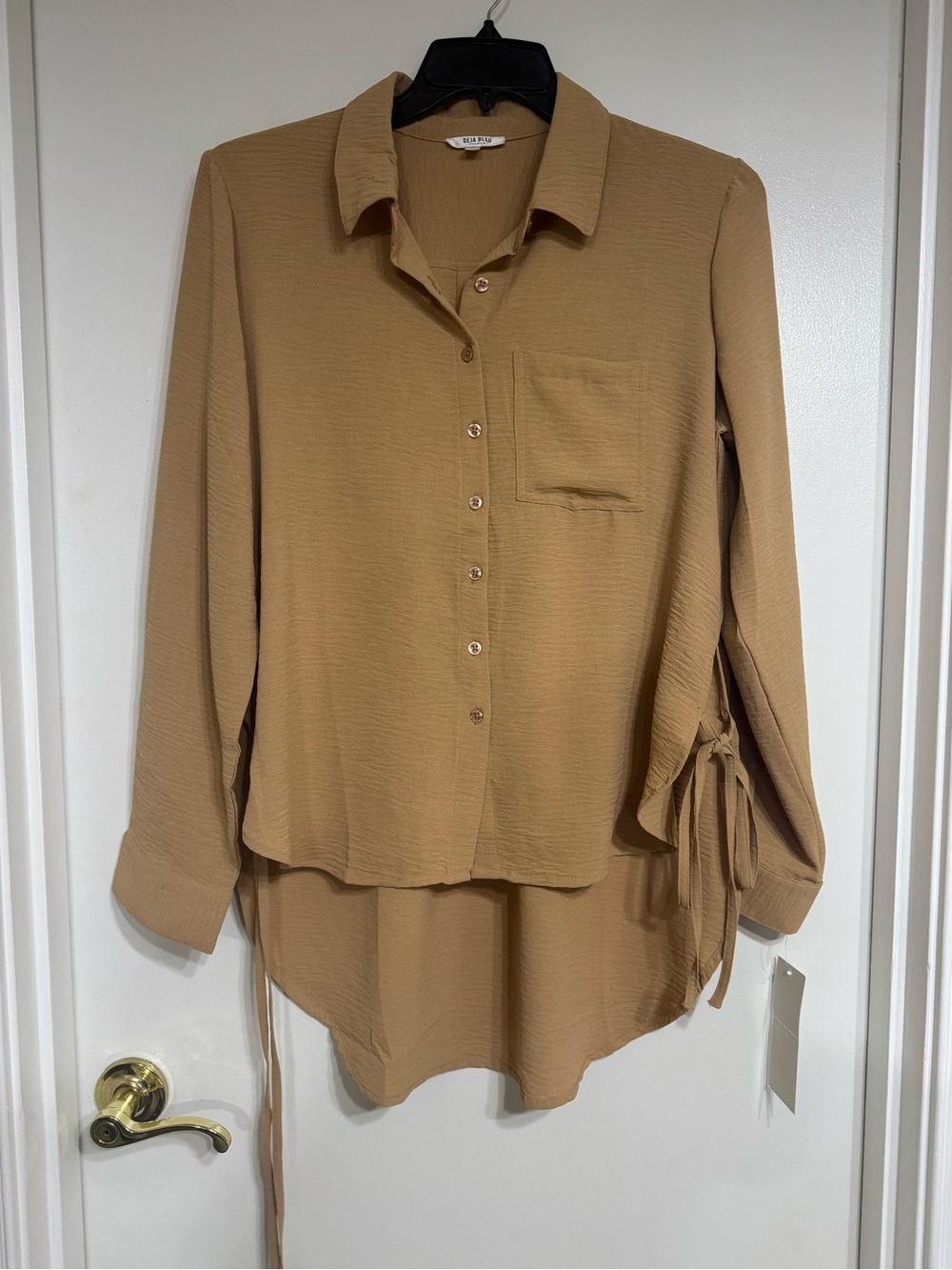 Tie-Sleeve Button-Down Shirt in Tan